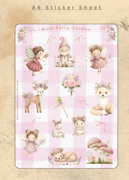 Pink Fairy Garden Whimsical Sticker Sheet A6