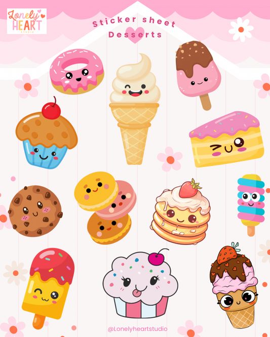 Kawaii dessert Sticker Sheet - Contains 12 cute stickers