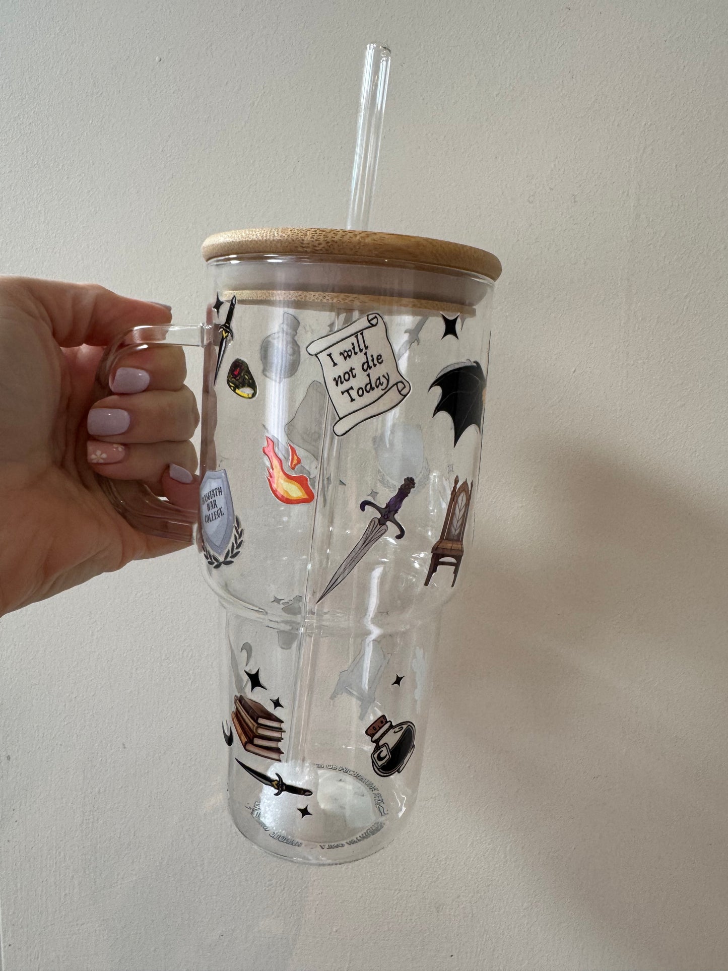 Fourth Wing Inspired Glass Tumbler with Handle, Bamboo lid and Glass straw - 750ml