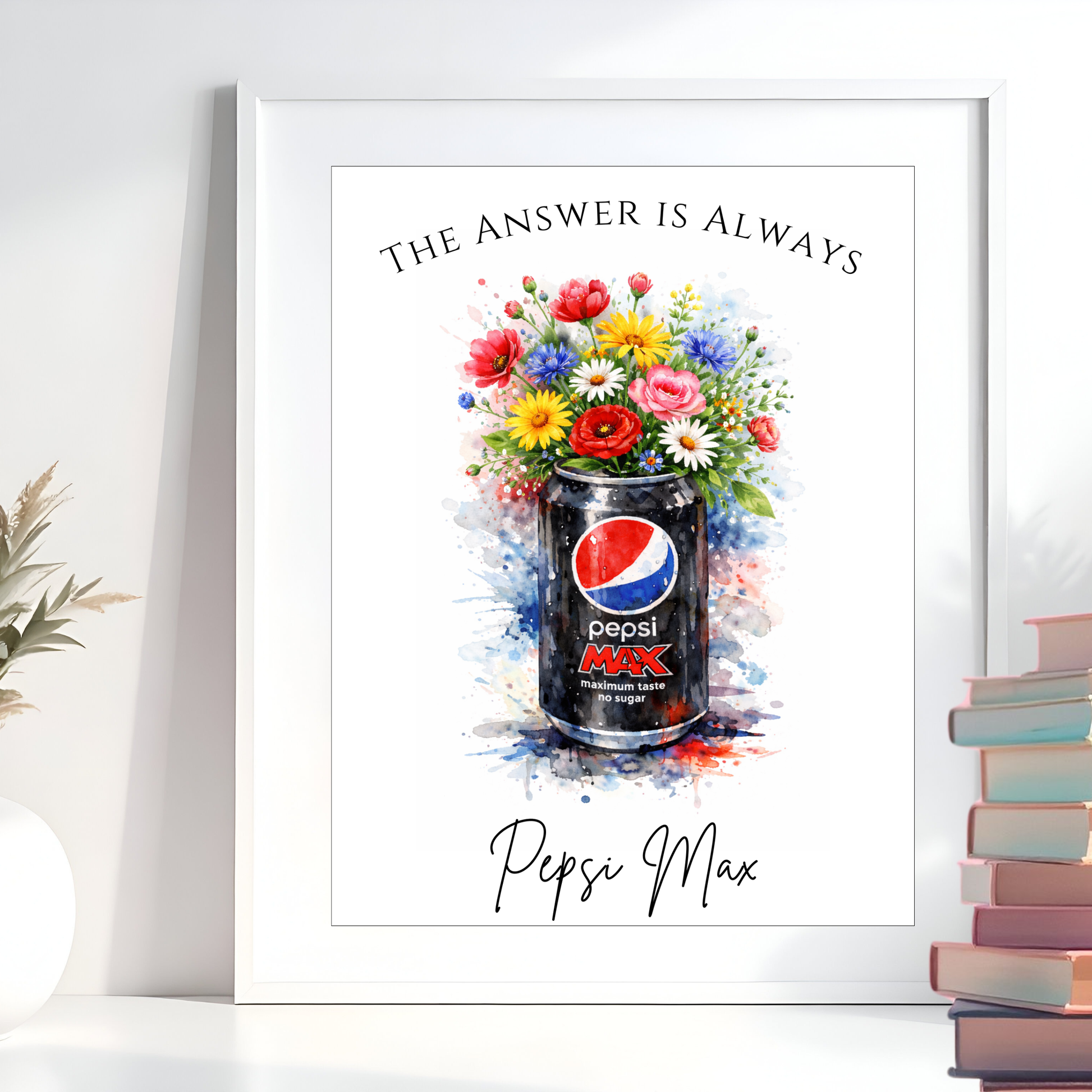 Framed artwork with Pepsi Max can and flowers on a white background