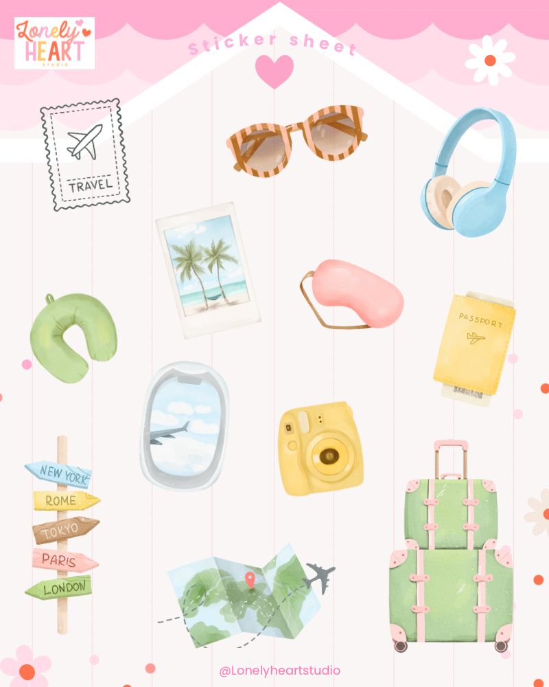 Pastel travel cute collection sticker sheet - 12 cute stickers