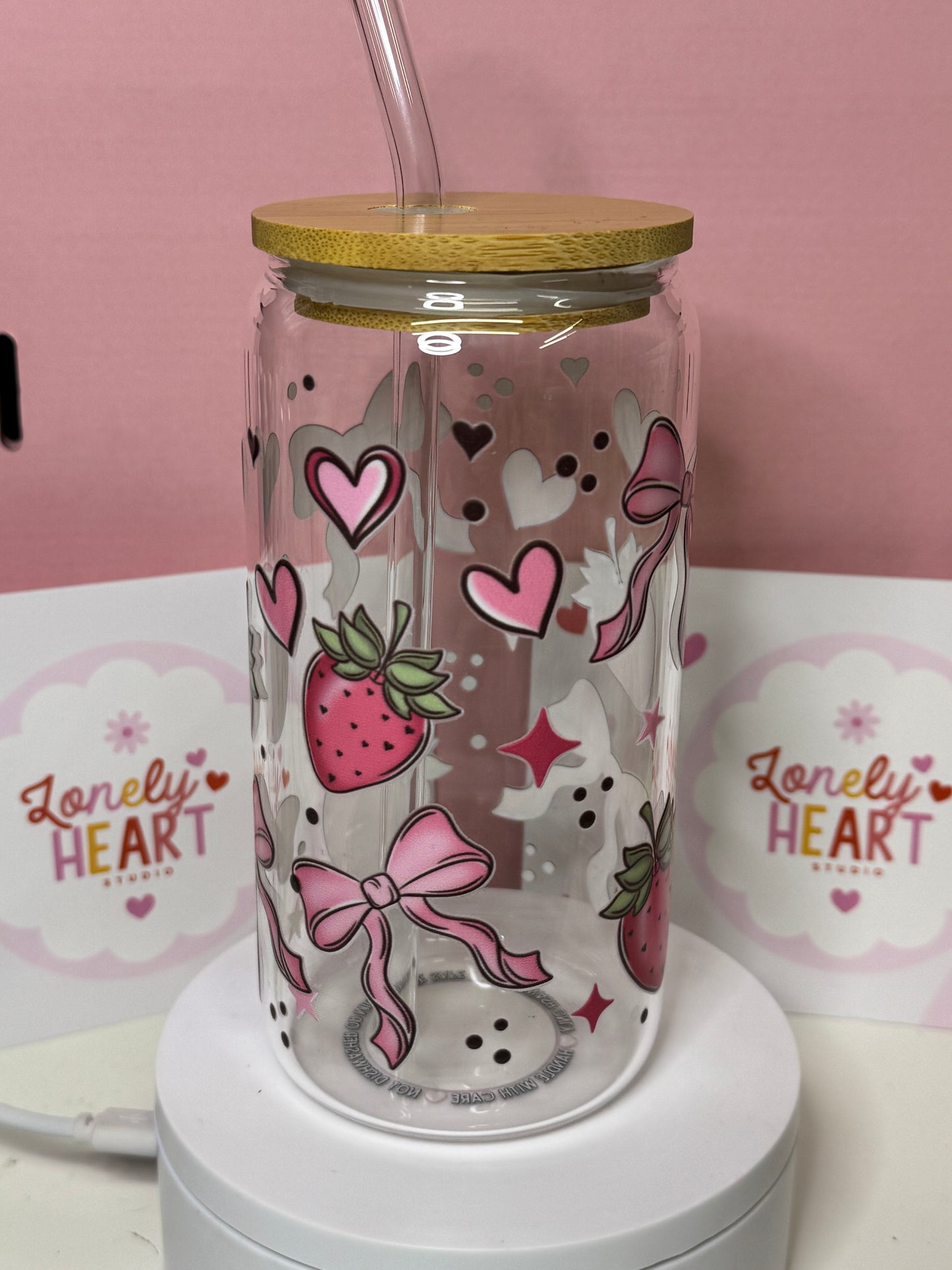 Bows and Berries 16oz Glass Libbey can with glass straw