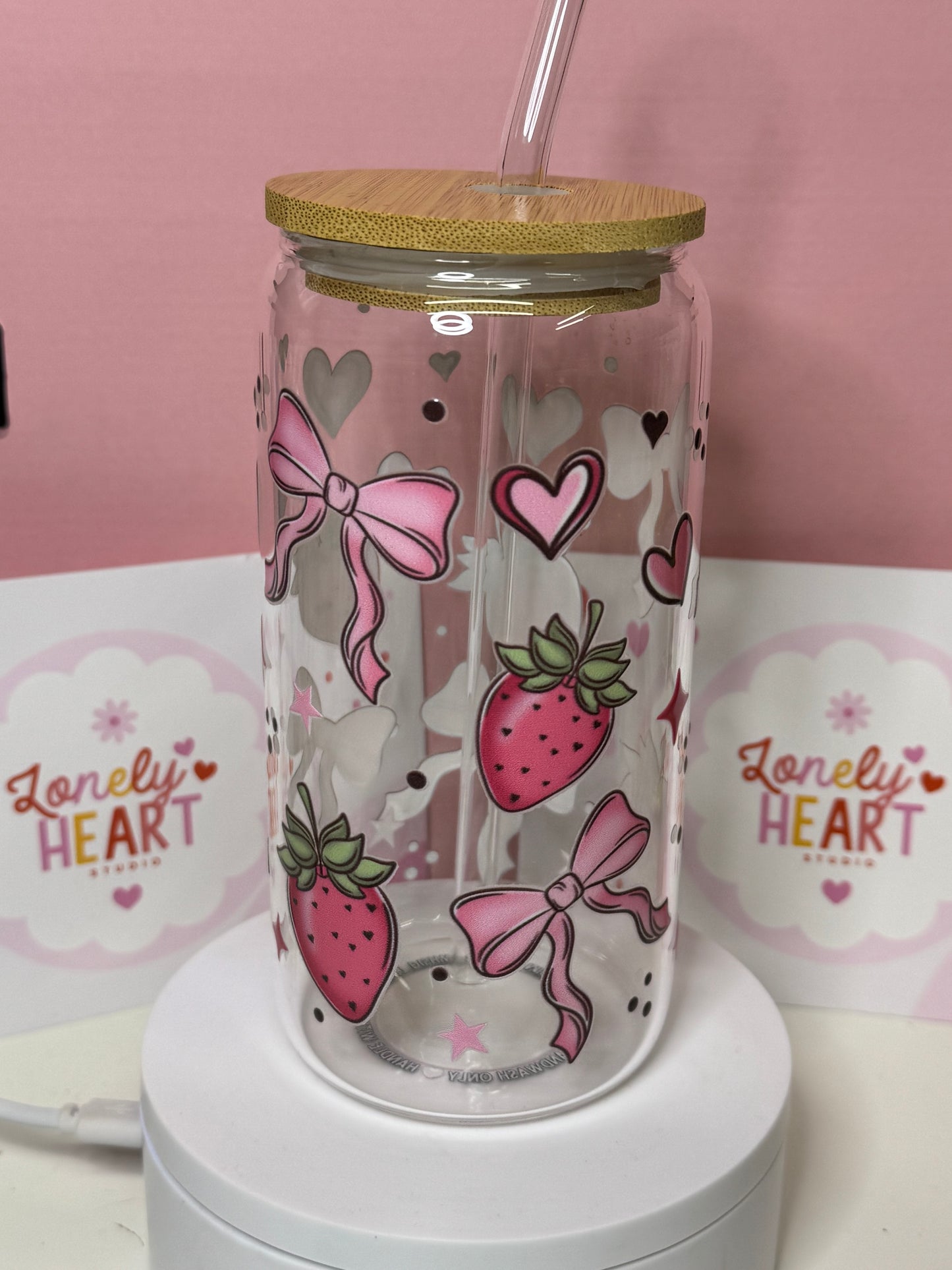 Bows and Berries 16oz Glass Libbey can with glass straw