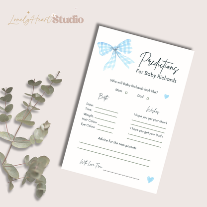 Personalised Baby Predictions cards - Baby Shower Game Blue Gingham Bow, Boy themed