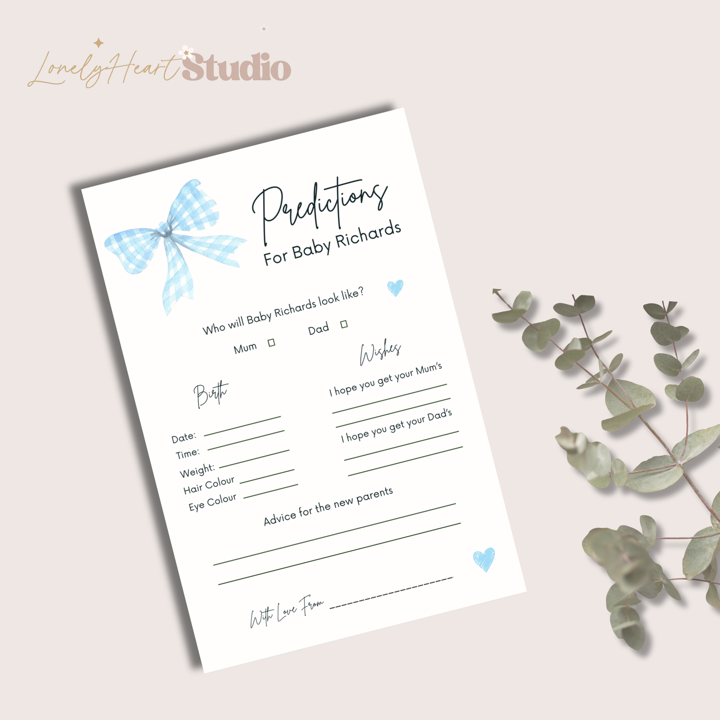 Personalised Baby Predictions cards - Baby Shower Game Blue Gingham Bow, Boy themed