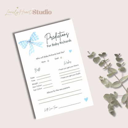 Personalised Baby Predictions cards - Baby Shower Game Blue Gingham Bow, Boy themed