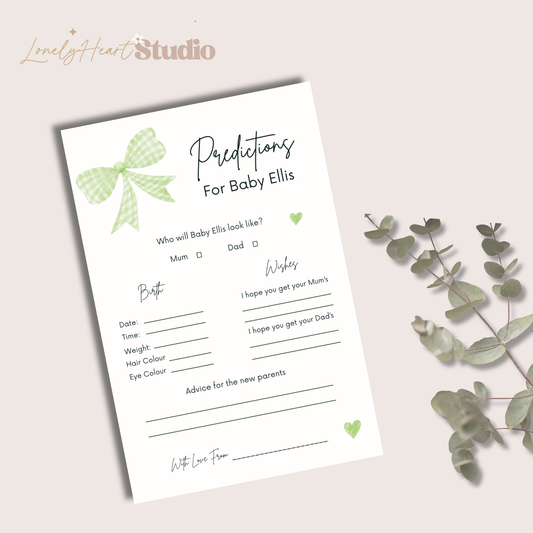 Personalised Baby Predictions cards - Baby Shower Game Green Gingham Bow, Neutral themed