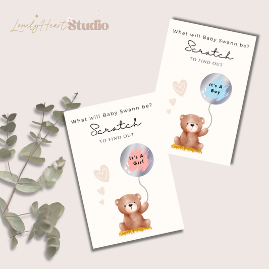 Personalised Gender Reveal Scratch Cards, Teddy Bear with a balloon panel