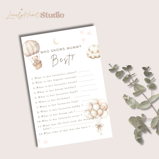 Who knows Mummy Best? - Baby Shower Game, Teddy Neutral theme