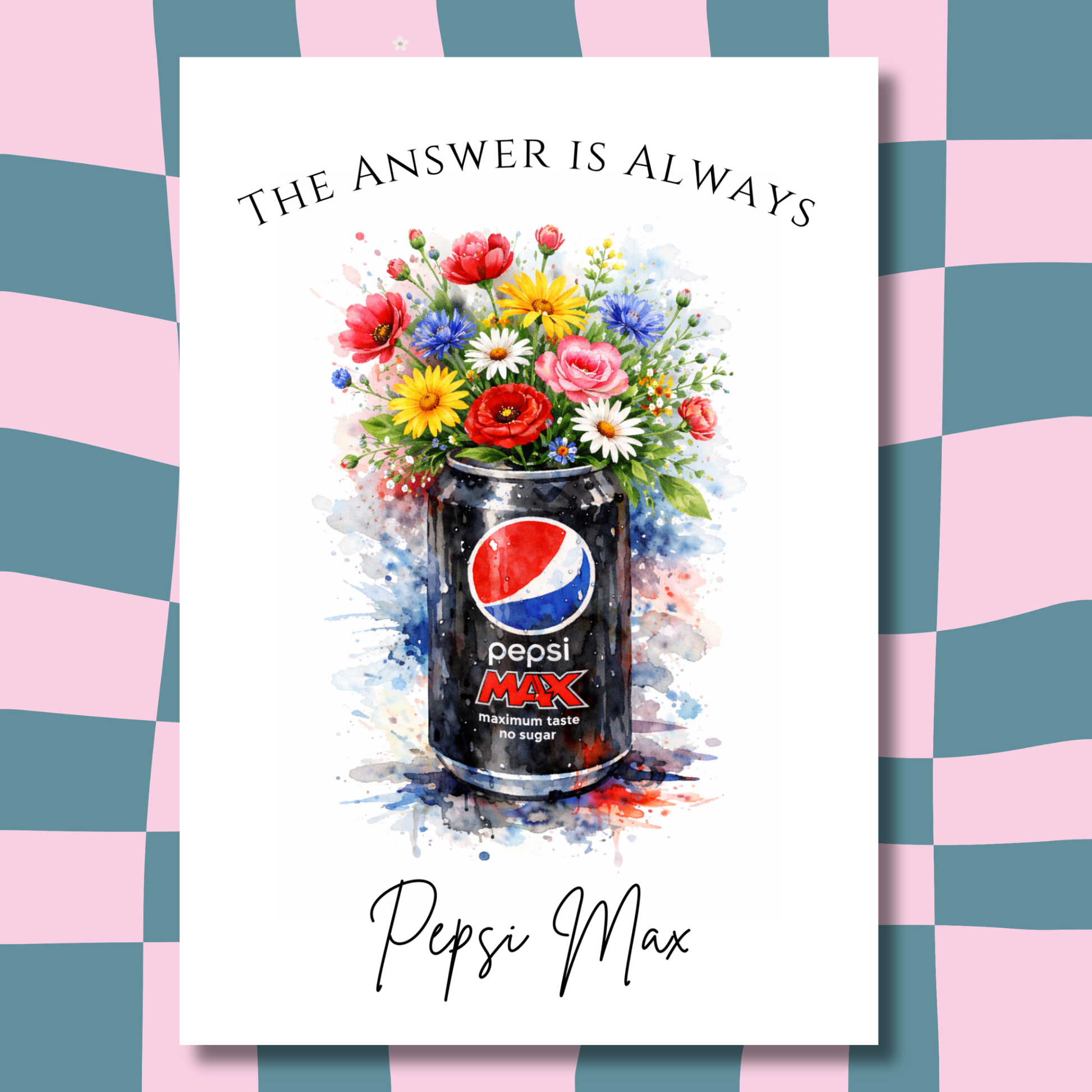 Pepsi Max can with flowers on a colorful checkered background