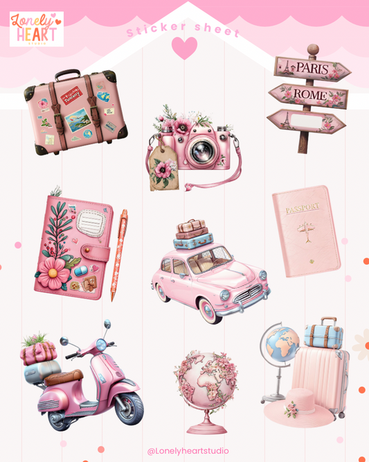 Pink Travel cute collection sticker sheet - 9 cute stickers