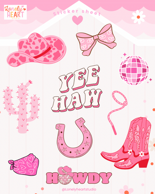 Girlie pink cowboy sticker sheet - 10 cute stickers (A6)
