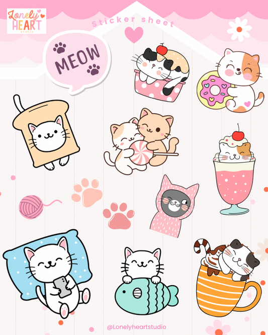 Happy cats sticker sheet- 12 cute stickers