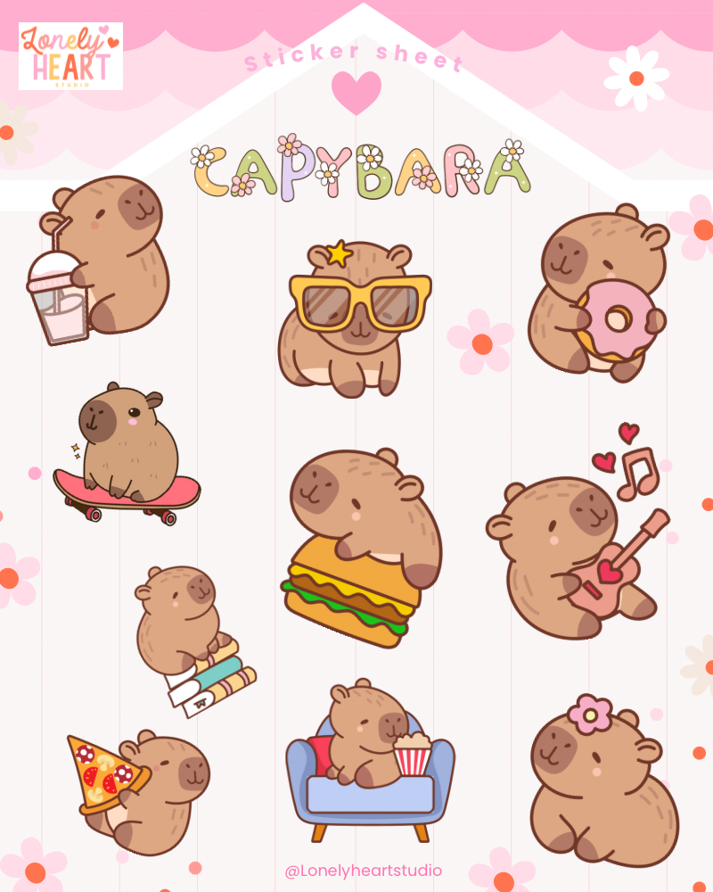 Capybara cute collection sticker sheet - 11 cute stickers