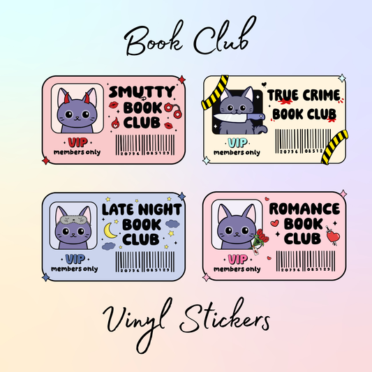 Book Club Membership card Vinyl Stickers - Late Night, True Crime, Romance and Smutty