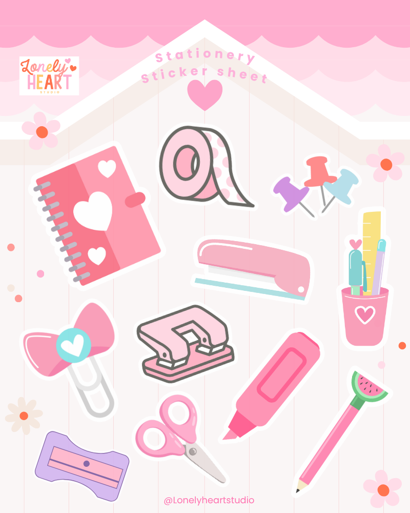 Stationery Girlie Sticker Sheet - Contains 11 cute stickers