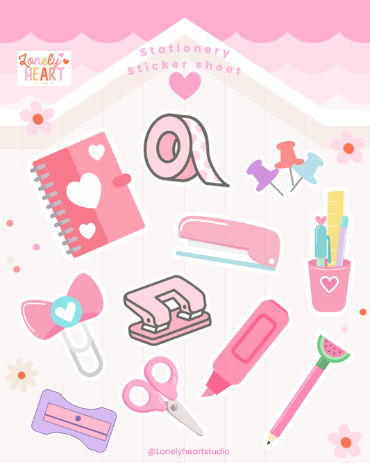 Stationery Girlie Sticker Sheet - Contains 11 cute stickers