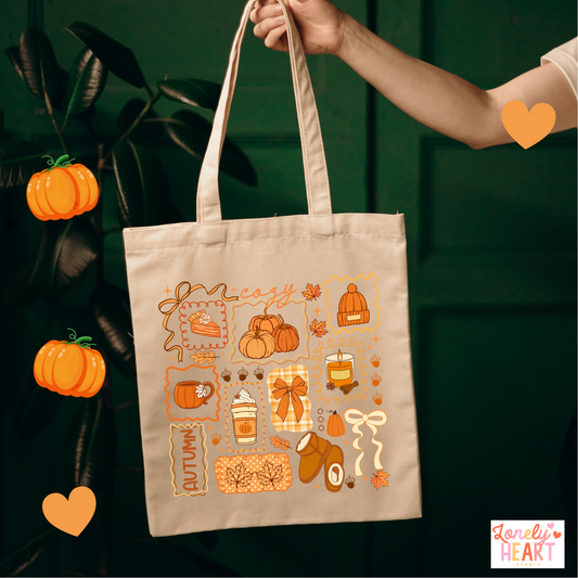 Cozy Autumn/Fall themed Tote Bag - Pumpkin, Candles, Coffee