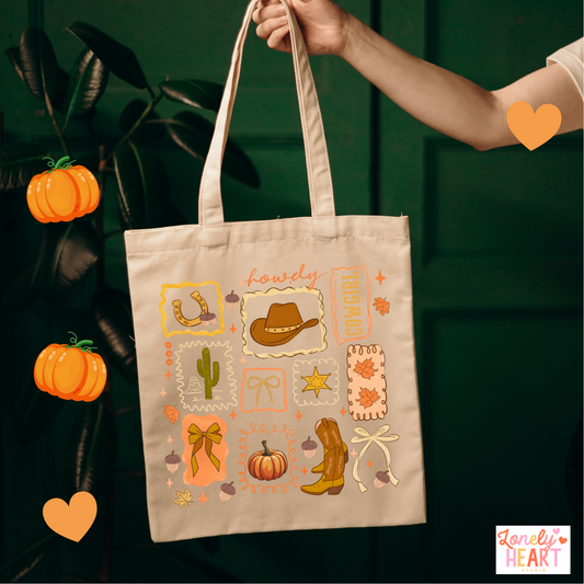 Autumn Cowgirl Tote Bag – Western Fall Vibes | Long Handle | Howdy
