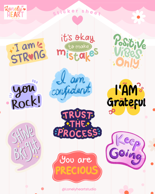 Positive Affirmations Girlie cute collection sticker sheet - 10 cute stickers