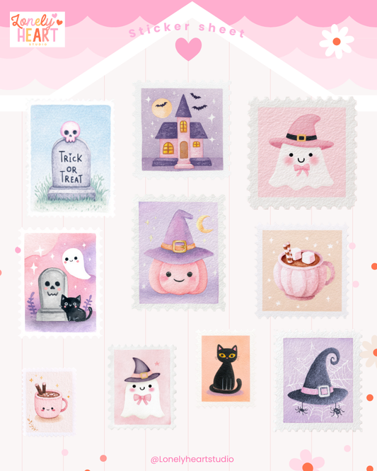 Pastel Halloween Stamps collection sticker sheet - 10 cute stickers